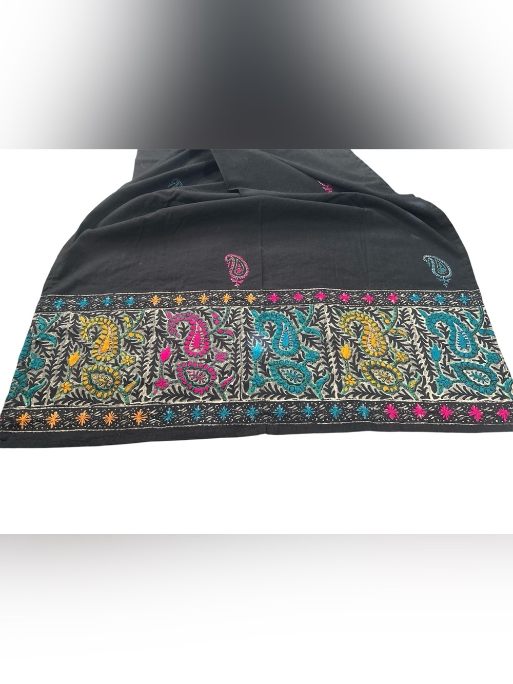 Black Embroidered Paisley Border Scarf - Teal, Yellow, Pink Accents